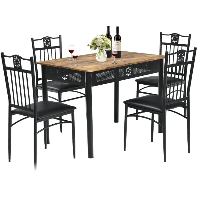 Costway 5-delige eettafelset, eetgroep met 4 gevoerde stoelen, keukentafel, bistrotafel, eetkamergroep, zitgroep 4 personen, hout voor keuken, eetkamer (zwart)