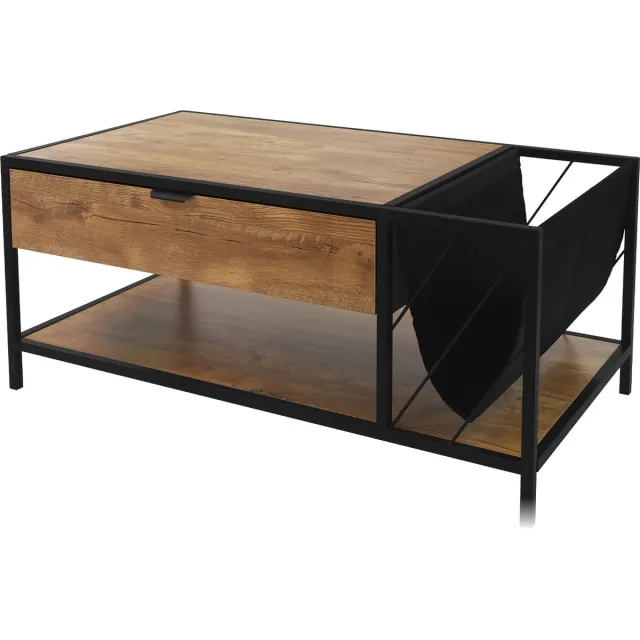 ml-design salontafel 100x54x45 cm, eiken rustiek bruin, houten banktafel, woonkamertafel met stalen frame en 2 planken, bijzettafel met lade & tijdschriftenvak, salontafel voor in de woonkamer