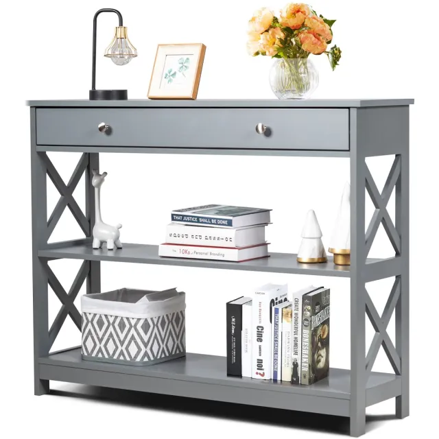 Costway 3 niveaus consoletafel met lade, gangtafel van hout, staand rek, bijzettafel voor ingang, woonkamer en slaapkamer, 100 x 30 x 80 cm Grijs