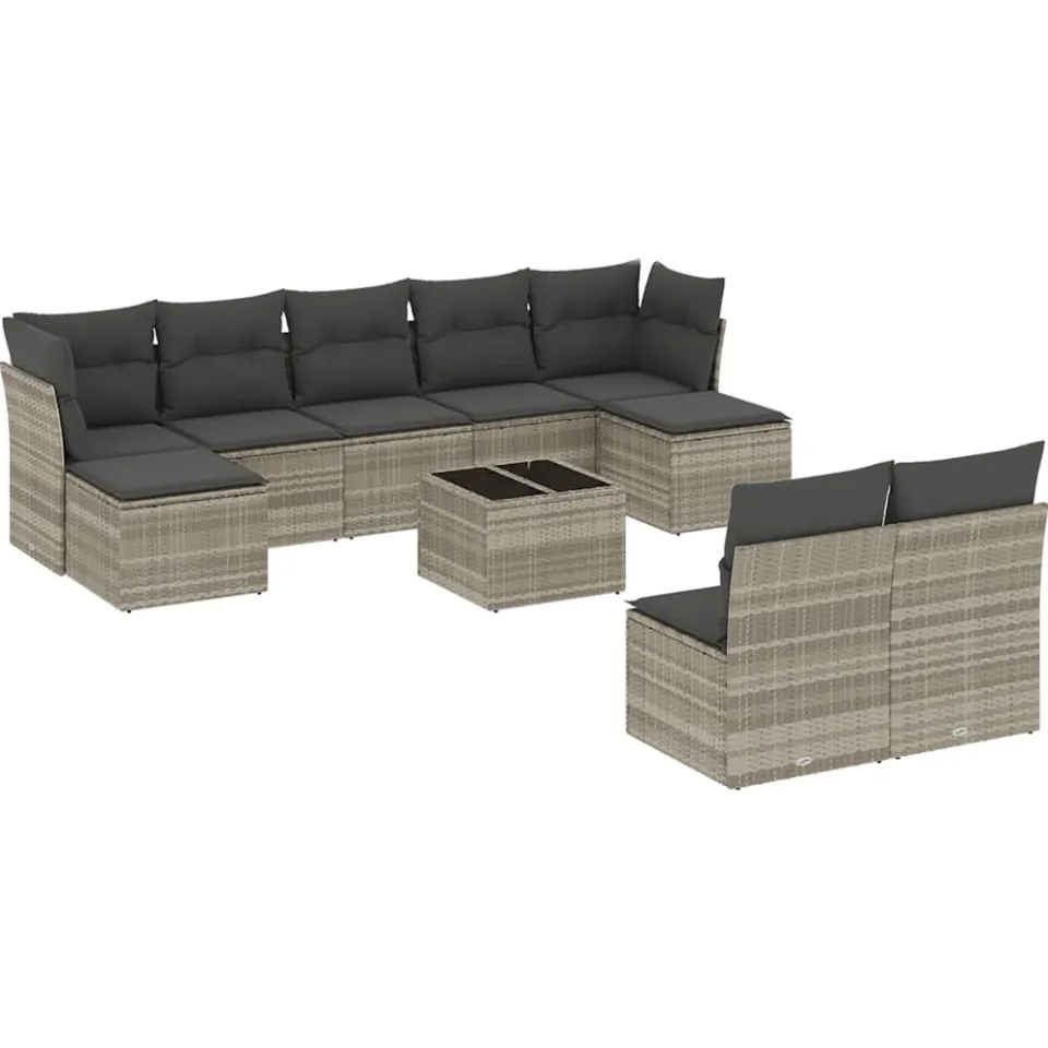 vidaXL 10-delige Loungeset met kussens poly rattan lichtgrijs