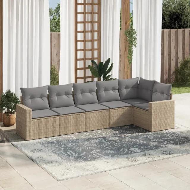 vidaXL 6-delige Loungeset met kussens poly rattan beige, foto 2