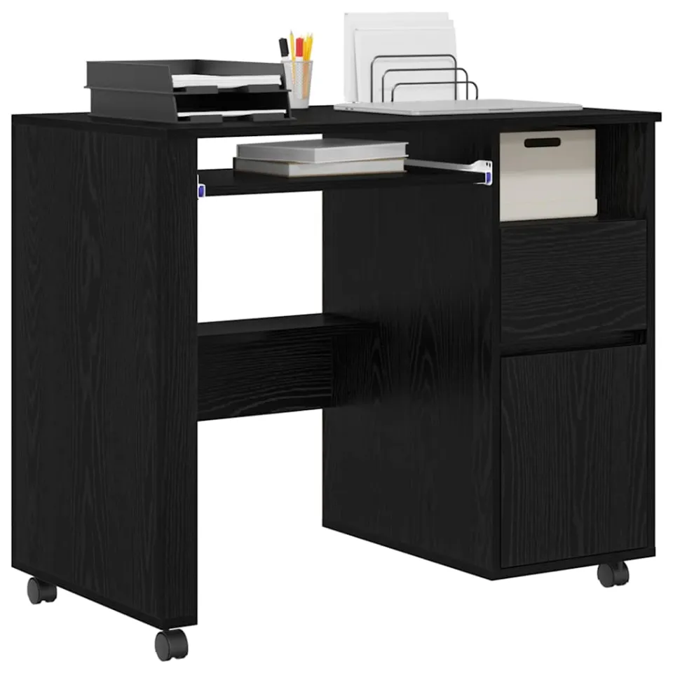 vidaXL Bureau met Wielen Zwart Eiken 91 x 50 x 77 cm Bewerkt hout