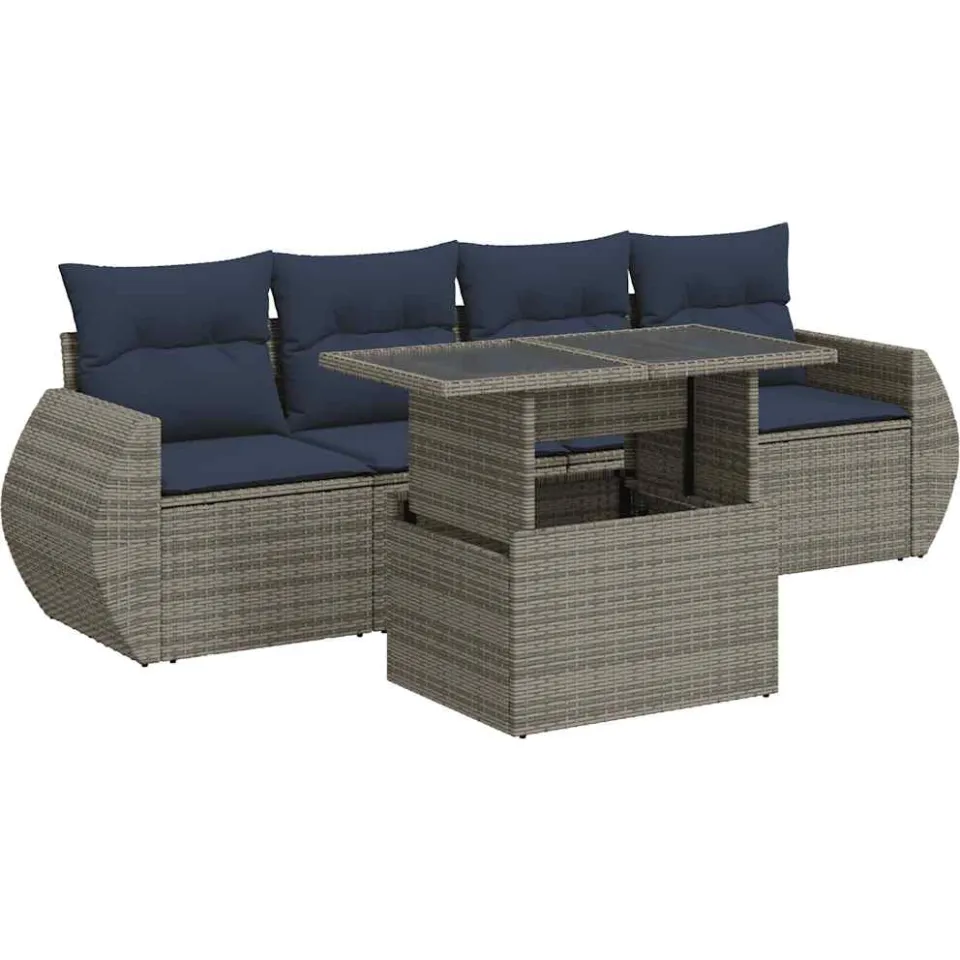 vidaXL 5-delige Loungeset met kussens poly rattan acacia grijs, foto 3
