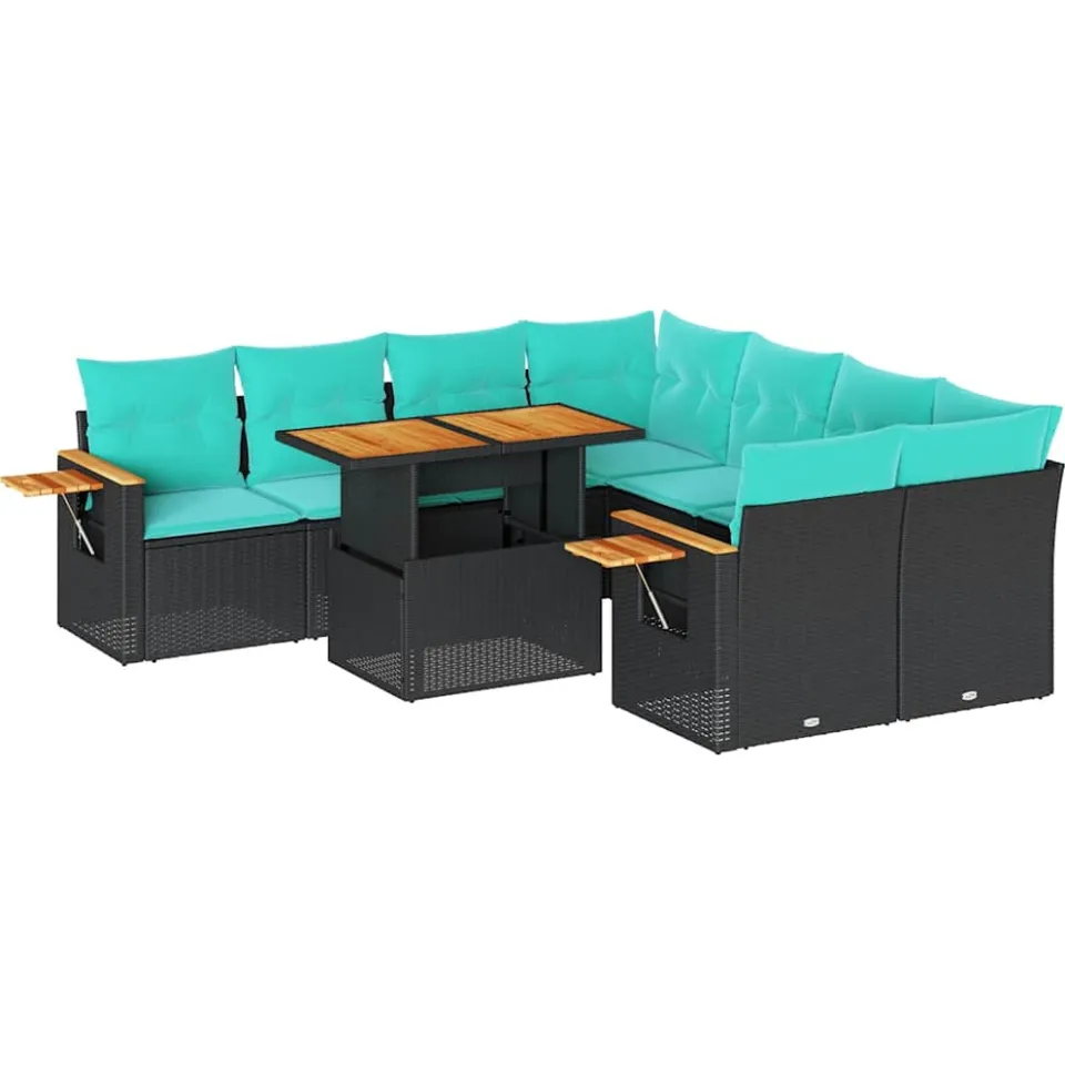 vidaXL 9-delige Loungeset met kussens poly rattan zwart, foto 3