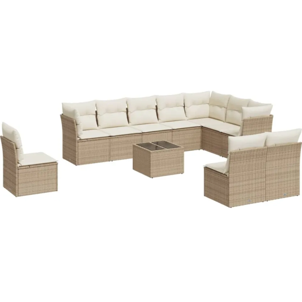 vidaXL 11-delige Tuinset met kussens poly rattan beige