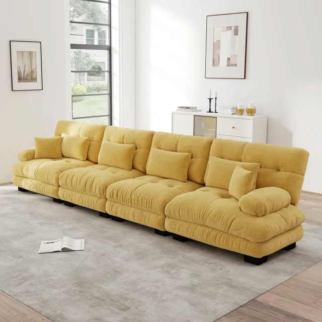 REDOM Modulaire 4-Zits Hoekbank - Diepe Zitting met Ronde Armleuningen - Vintage Stijl - Voor Woonkamer of Kantoor - Chenille - Geel - 406x77x81 cm