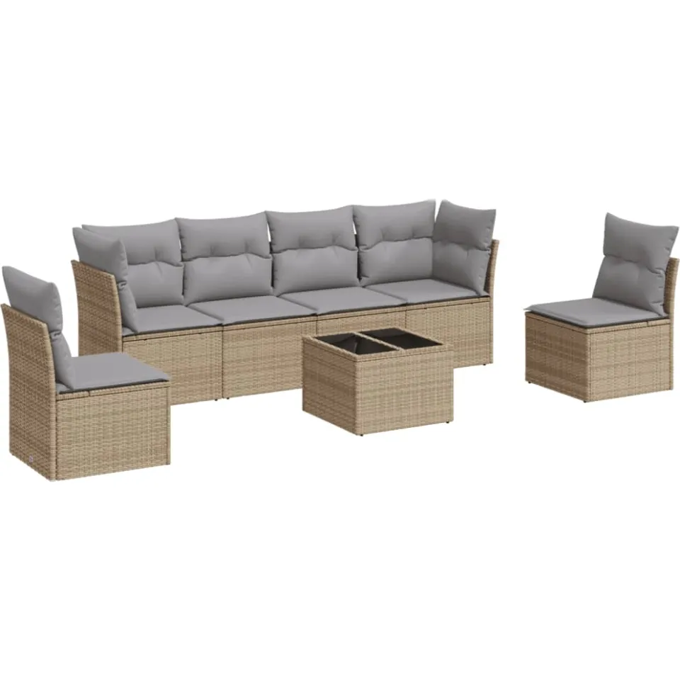 vidaXL 7-delige Loungeset met kussens poly rattan beige, foto 4
