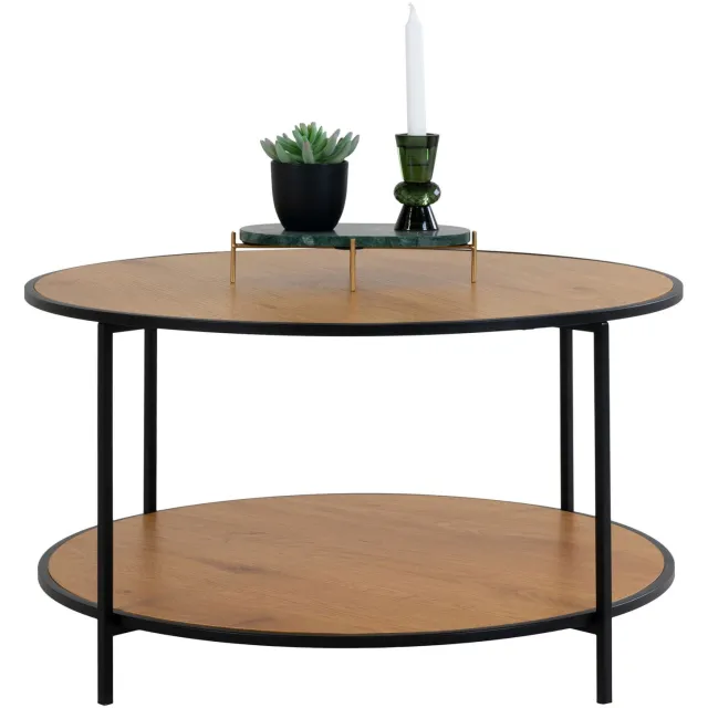 QUVIO Salontafel Gothenburg - Eikenhouten look - Zwart frame - Ø80x45 cm