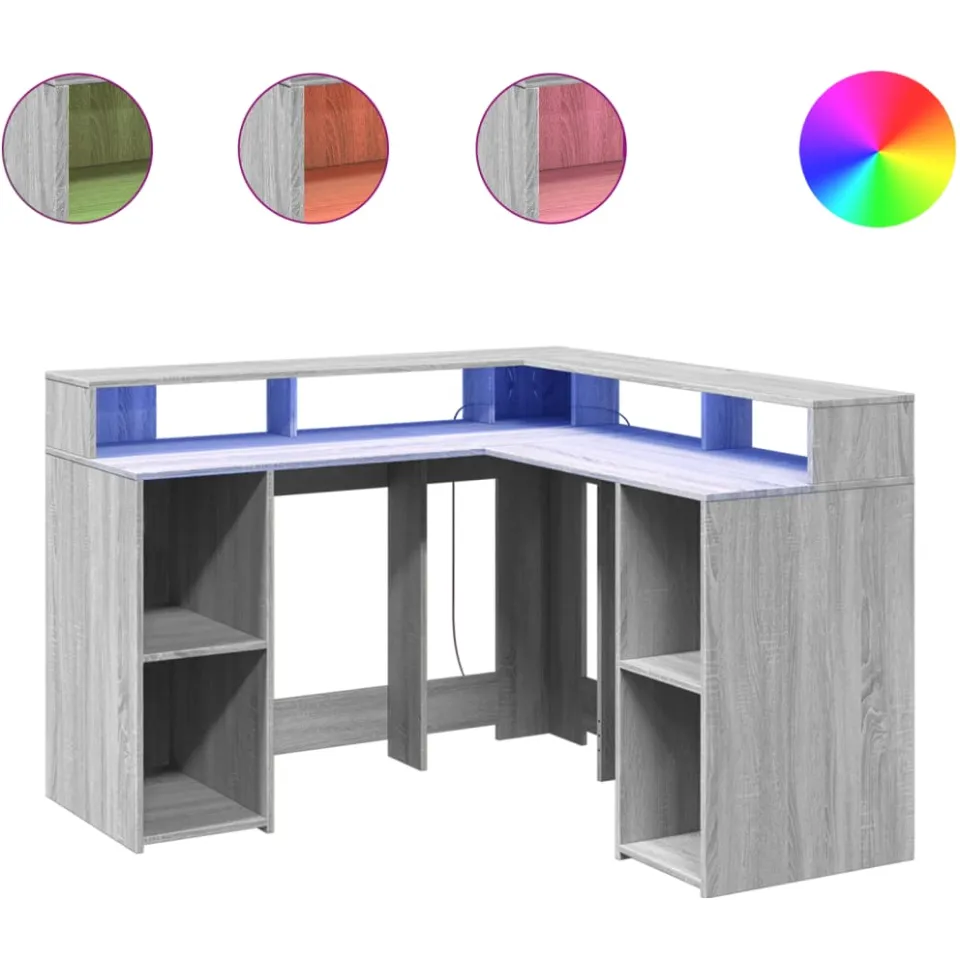 vidaXL Bureau met LED-verlichting 130x130x91 cm hout grijs sonoma, foto 3