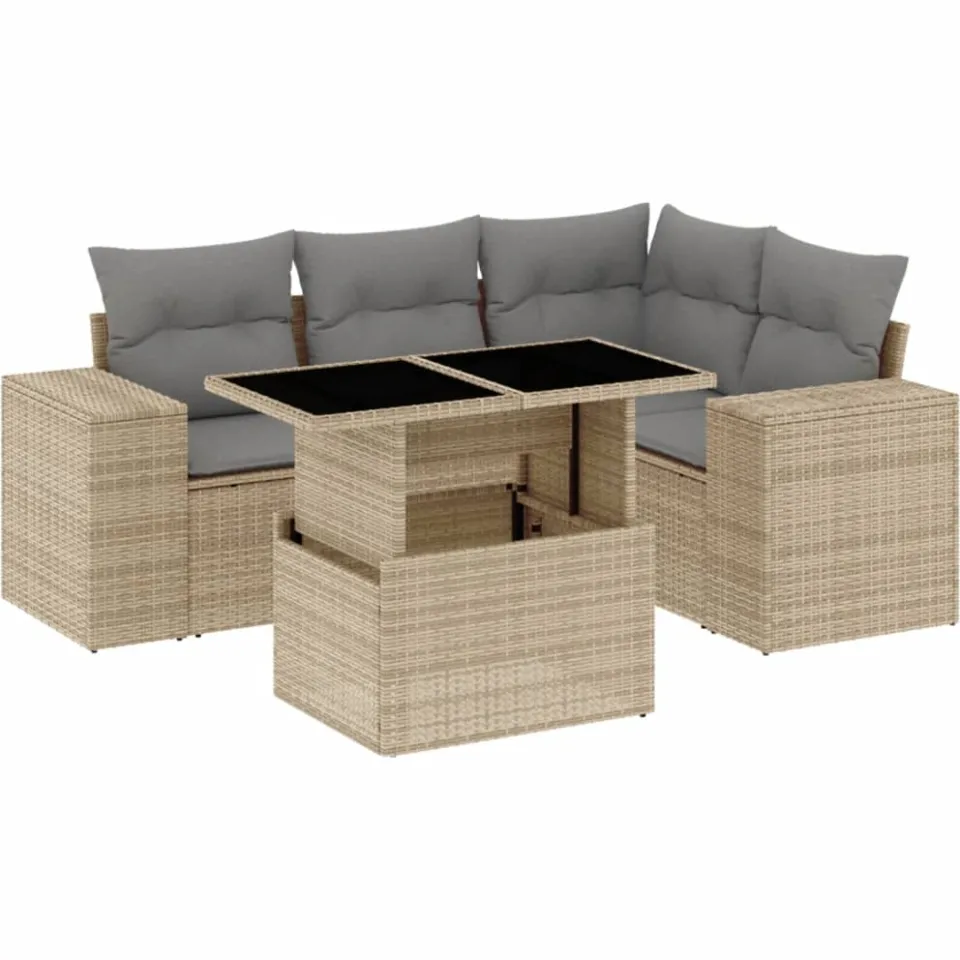 vidaXL 5-delige Loungeset met kussens poly rattan beige, foto 3