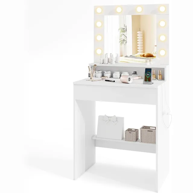 Costway Kaptafel met LED-verlichting, instelbare helderheid, kaptafel met spiegel en oplaadstation, cosmeticatafel met lade en open vak, kaptafel, modern, wit