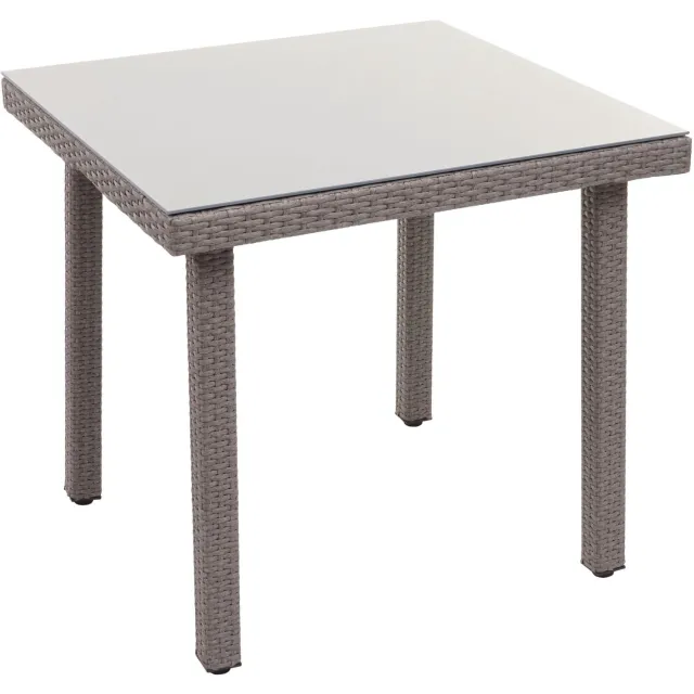 MCW Polyrotan tuintafel Cava, eettafel bijzettafel tafel met glazen blad, 80x80cm ~ grijs