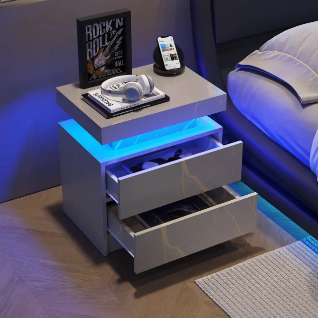 Merax Nachtkastje met LED Verlichting - Moderne Bijzettafel met 2 Lades - Grijs Goud voor Slaapkamer en Woonkamer Grijs; Goud