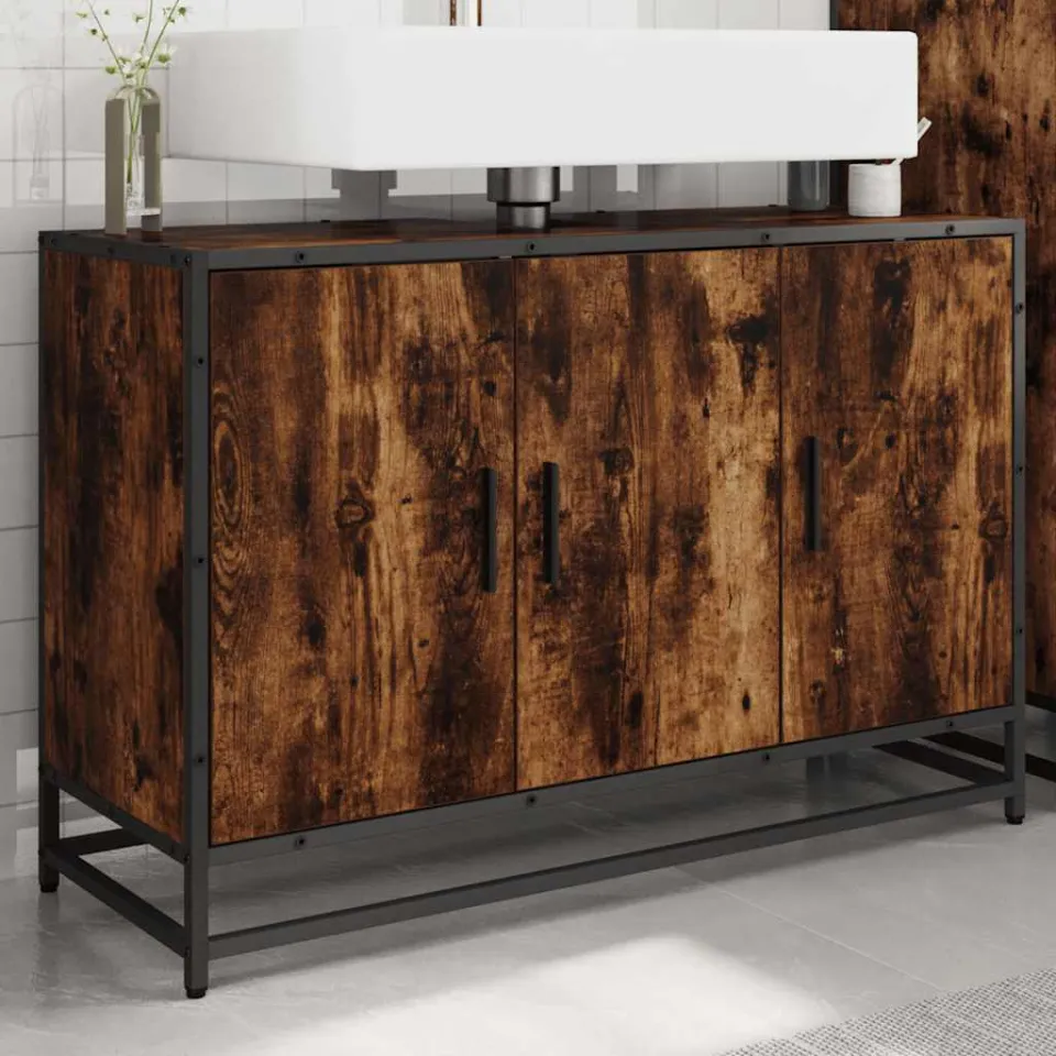 vidaXL Wastafelkast 90x33x60 cm bewerkt hout gerookt eikenkleurig, foto 3