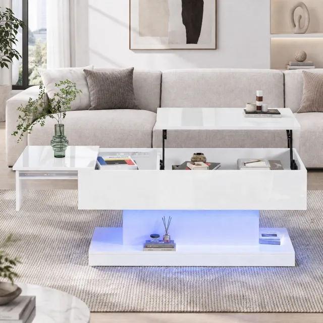 Maisentiel Salontafel 100 x 50 x 45 cm met hydraulische lift, LED en opbergruimte - wit