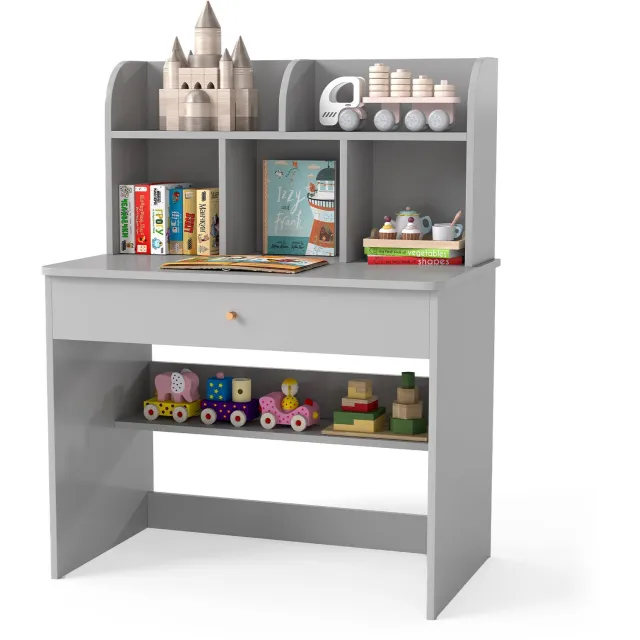 Costway Kinderbureau, kinderschreibtisch van hout, bureau voor school met lade & opbergvak, bureau voor tieners met opbergruimte, kindertafel voor kinderen vanaf 3 jaar (grijs)