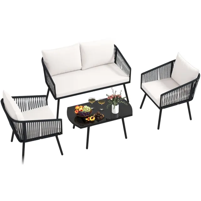 Costway Rotan tuinmeubelset, balkonmeubelset met zit- en rugkussens, terrasmeubels, tuingarnituur, zitgroep, zitgroep voor tuin, balkon, terras Zwart
