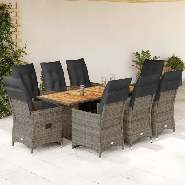 vidaXL 9-delige Bistroset met kussens poly rattan grijs, foto 2