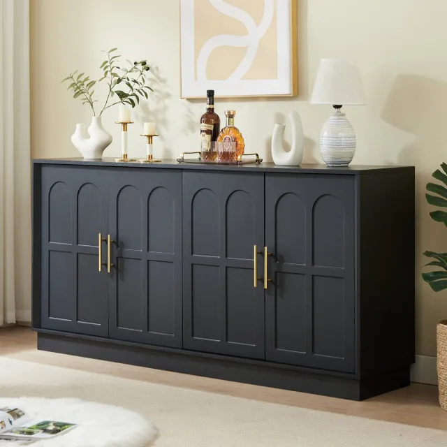 MODFU Dressoir Met Opbergruimte - Gebogen Front - Modern - Voor Woonkamer Of Keuken - MDF - Zwart - 169 Cm