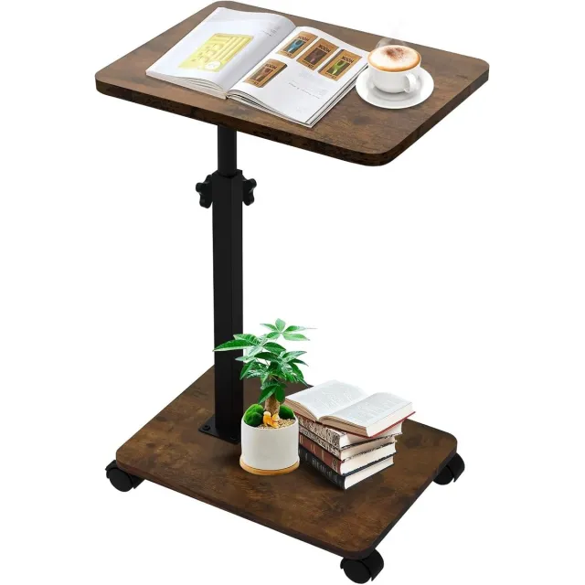 Vellaro Bijzettafel verstelbaar - Retrobruin - 40 x 30 cm - MDF en Staal - C-vormige Salontafel met Wielen voor Woonkamer en Slaapkamer