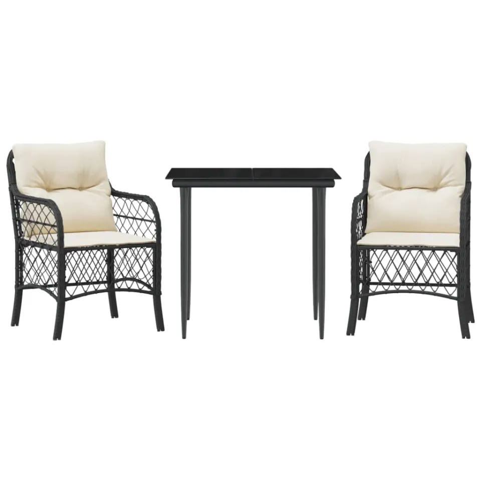 vidaXL 3-delige Bistroset met kussens poly rattan zwart, foto 3