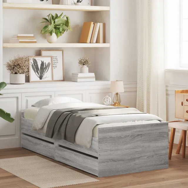 vidaXL Bedframe met lade met opslag Betongrijs Massief grenenhout