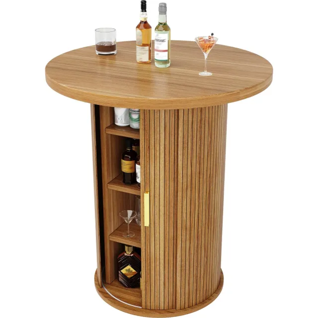 MODFU Ronde Bartafel Met Opbergruimte - Schuifdeur En Kast - Modern - Voor Woonkamer Of Bar - MDF En Metaal - Houtlook - 60 X 60 X 91,6 Cm