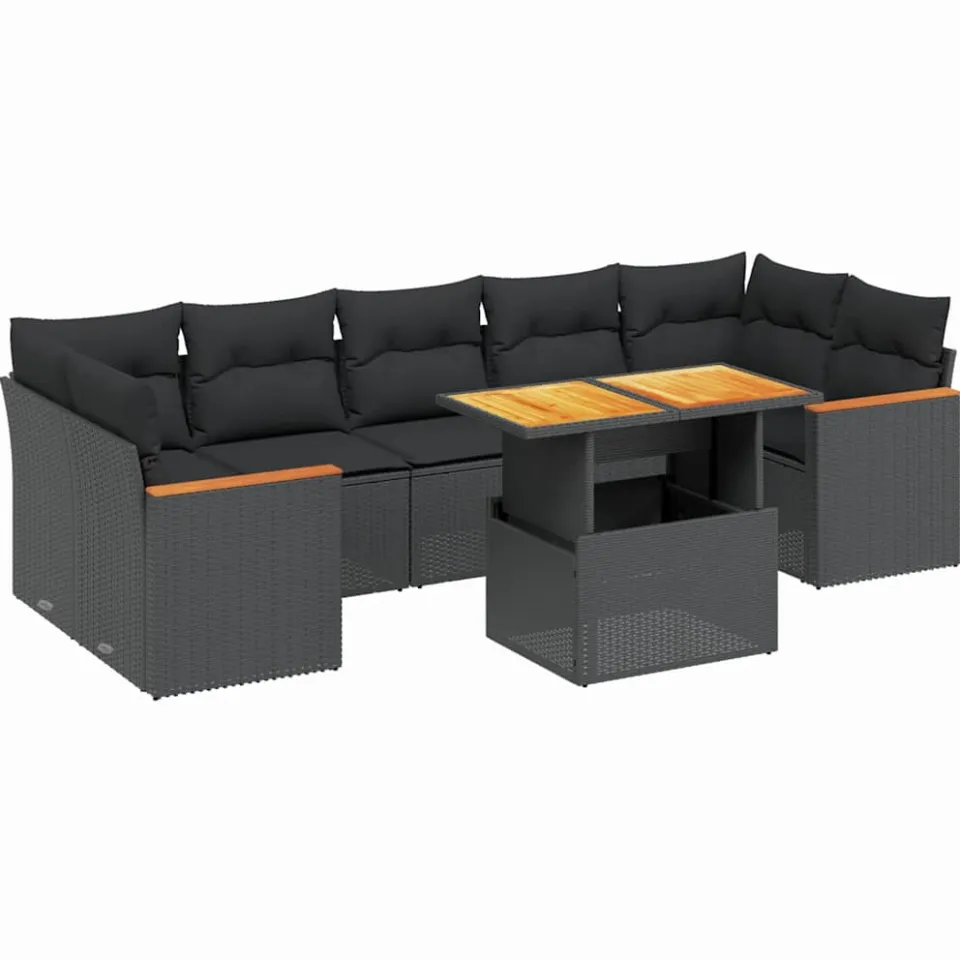 vidaXL 8-delige Loungeset met kussens poly rattan zwart