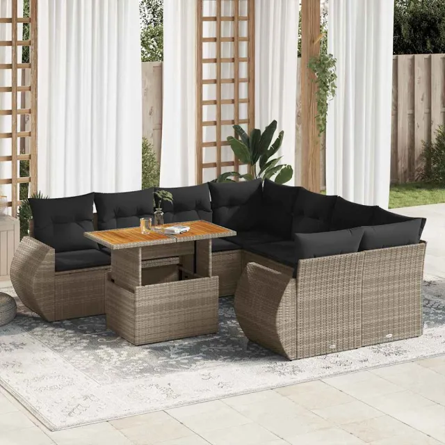 vidaXL 9-delige Loungeset met kussens poly rattan grijs, foto 2