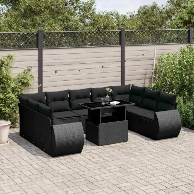 vidaXL 10-delige Loungeset met kussens poly rattan zwart, foto 2