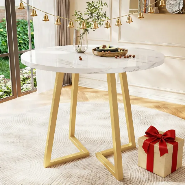 REDOM Eettafel rond Ø80 cm, MDF-blad met marmerpatroon en stijlvol metalen onderstel, wit modern ontwerp