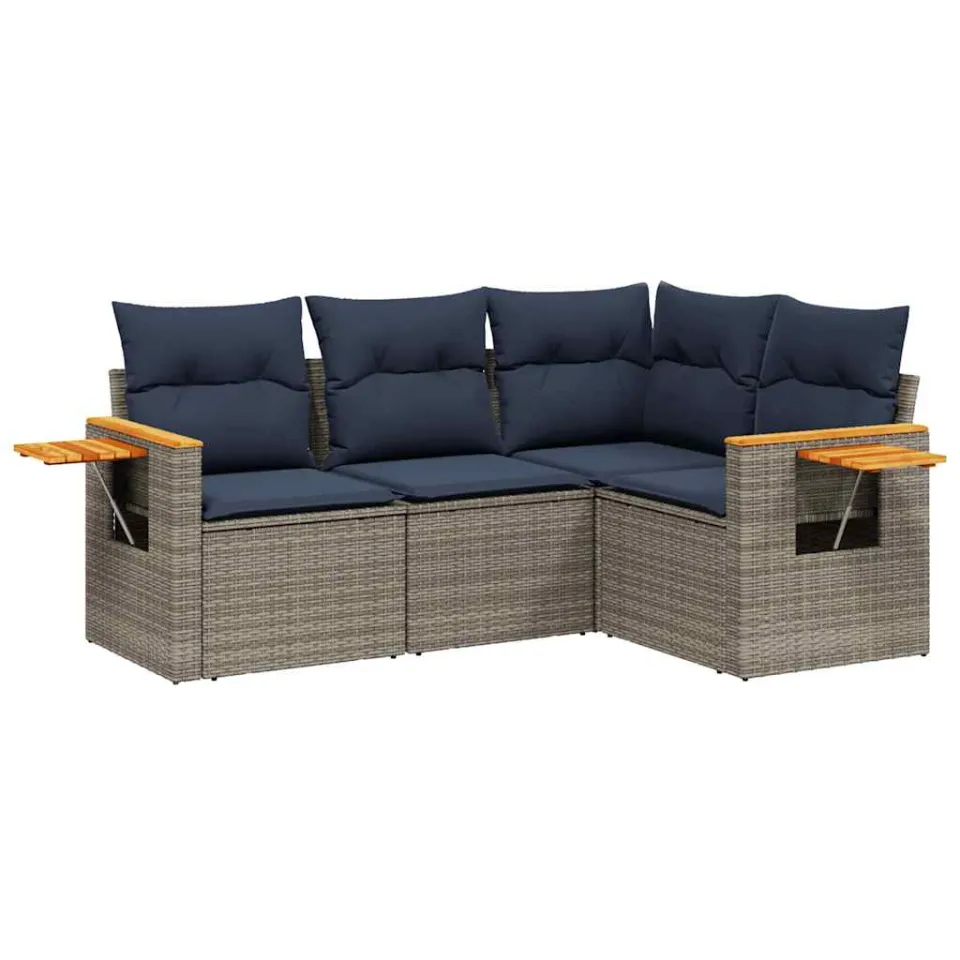 vidaXL 4-delige Loungeset met kussens poly rattan grijs, foto 3