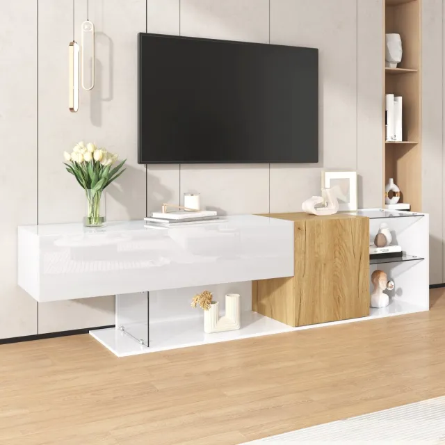 MIVRAY Televisiemeubel - Hoogglans Met Houtlook En Glazen Planken - Met 2 Deuren En Opbergruimte Voor Woonkamer - 180x38x48 Cm Wit
