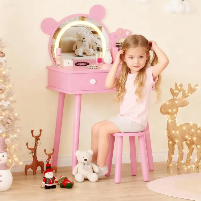 HOERFURIY Kinder Kaptafel met Licht – Roze Houten Kaptafel met Beren‑Spiegel, Laden & Bloemenkrukje, Prinsessen Make‑up Tafel voor Meisjes