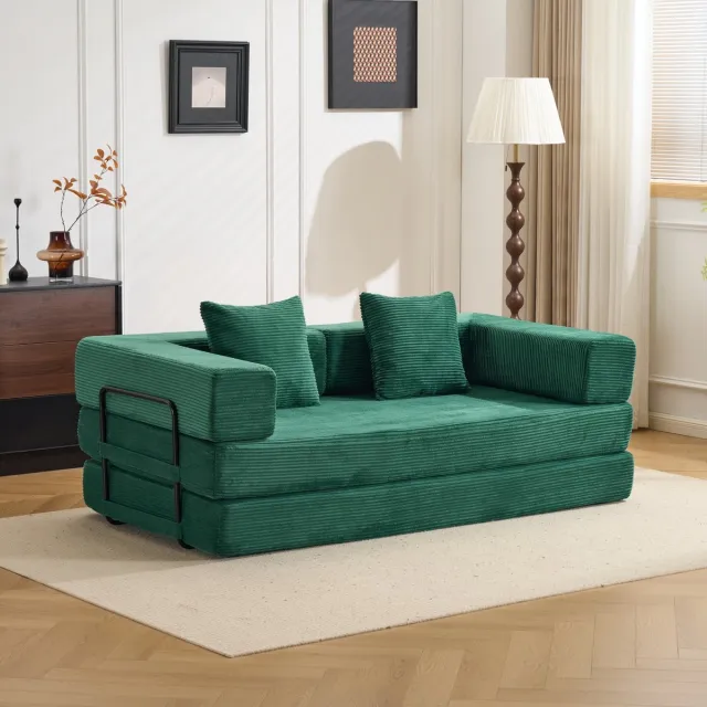 DESMIU Slaapbank 2-Zits - Uitklapbare Vloersofa Met Kussens - Voor Woonkamer, Slaapkamer En Logeerkamer - Corduroy - Donkergroen Dark Green