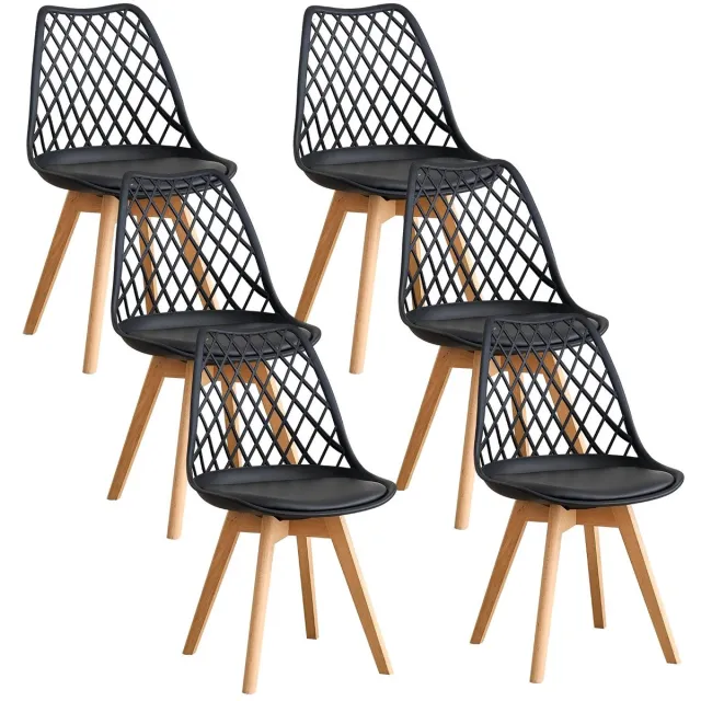Archi Eetkamerstoelen set van 6 – Stoelen - Moderne mesh kuipstoelen - Met houten poten en leren zitting - Scandinavische stijl – Zwart