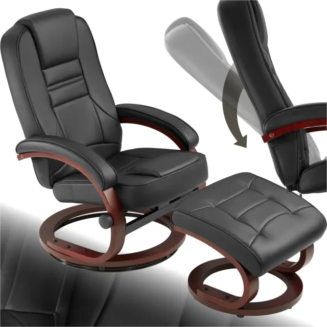 Tectake Relaxfauteuil met Voetenbank - Handmatig Verstelbaar - Relaxstoel met Verstelbare Rugleuning - 360° Draaibaar - Fauteuil met Hocker - Houten Poten - TV-Fauteuil van Imitatieleer met Relaxfunctie - Zwart Zwart, Bruin