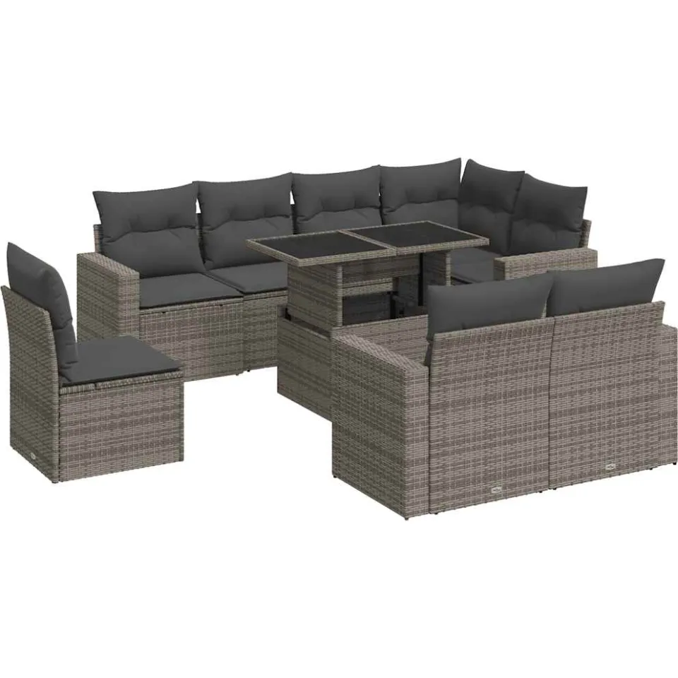 vidaXL 9-delige Loungeset met kussens poly rattan grijs, foto 3