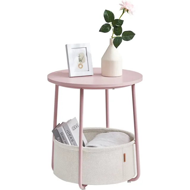 Vasagle VASAGLELET223R61 Bijzettafel rond kleine tafel salontafel klein woonkamertafel met stoffen mand opbergruimte voor woonkamer slaapkamer nachtkastje modern Pastelroze wolkenwit 45 x 45 x 50 cm Pastelroze + troebel wit