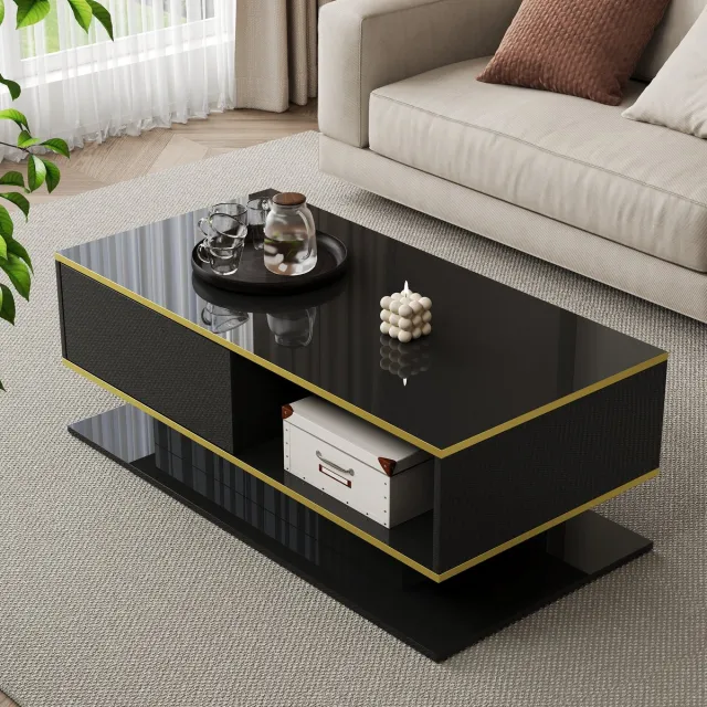 Wishdor Salontafel - Led-Verlichting En 3 Lades - Modern - Voor Woonkamer - Spaanplaat - Zwart En Goud - 100 X 50 X 40 Cm Zwart + Goud