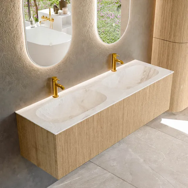 Mondiaz KURVE-DLUX 150 cm Onderkast Greeploos 2 Lades Zonder Deuren Oak, Wastafel Solid Surface Dubbel Frappe 2 Kraangaten Zonder Spiegel (KRVSTS1502L0D2KD-Oak/Fra)