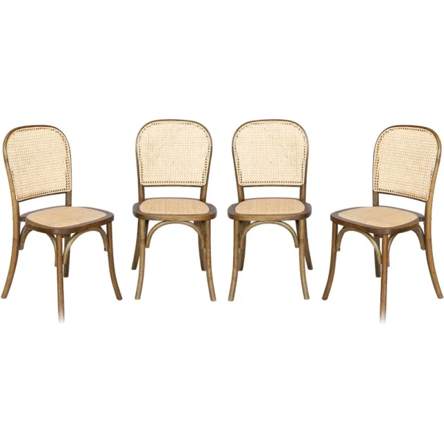 sweeek Set van 4 vintage houten stoelen met zitting en rugleuning van rotan - montparnasse Verouderd bruin
