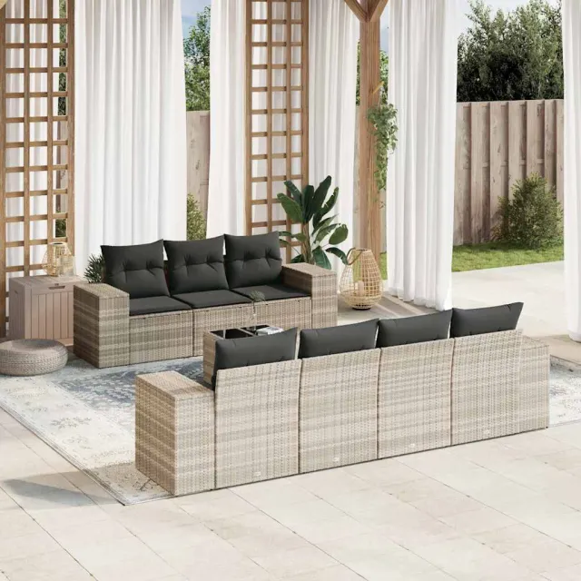 vidaXL 8-delige Loungeset met kussens poly rattan lichtgrijs