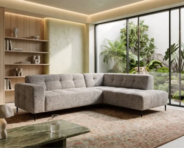 Meubelplaats Hoekbank Viano rechts stof Bella 55 Taupe Grijs gemêleerd - 255x200x84 cm - modern