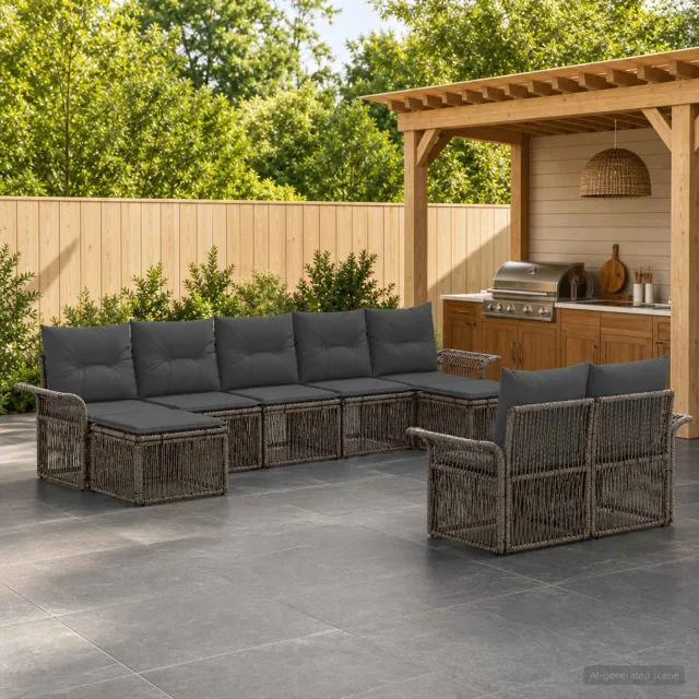 vidaXL Tuinbankenset 9 st 9-zits Grijs poly rattan, foto 2