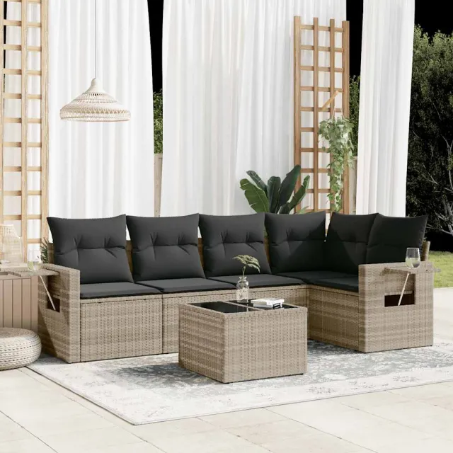 vidaXL 6-delige Loungeset met kussens poly rattan lichtgrijs grijs, foto 2