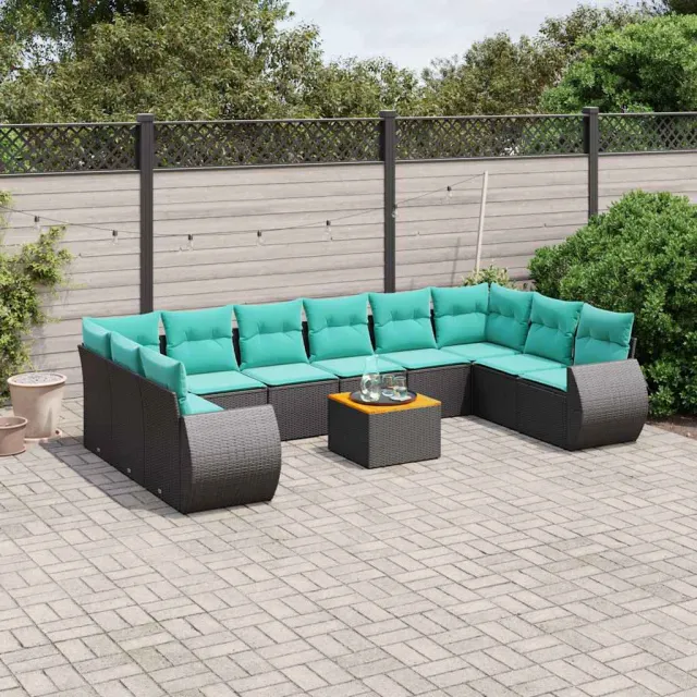 vidaXL 11-delige tuinbankset met kussens, zwart polyrotan, foto 2