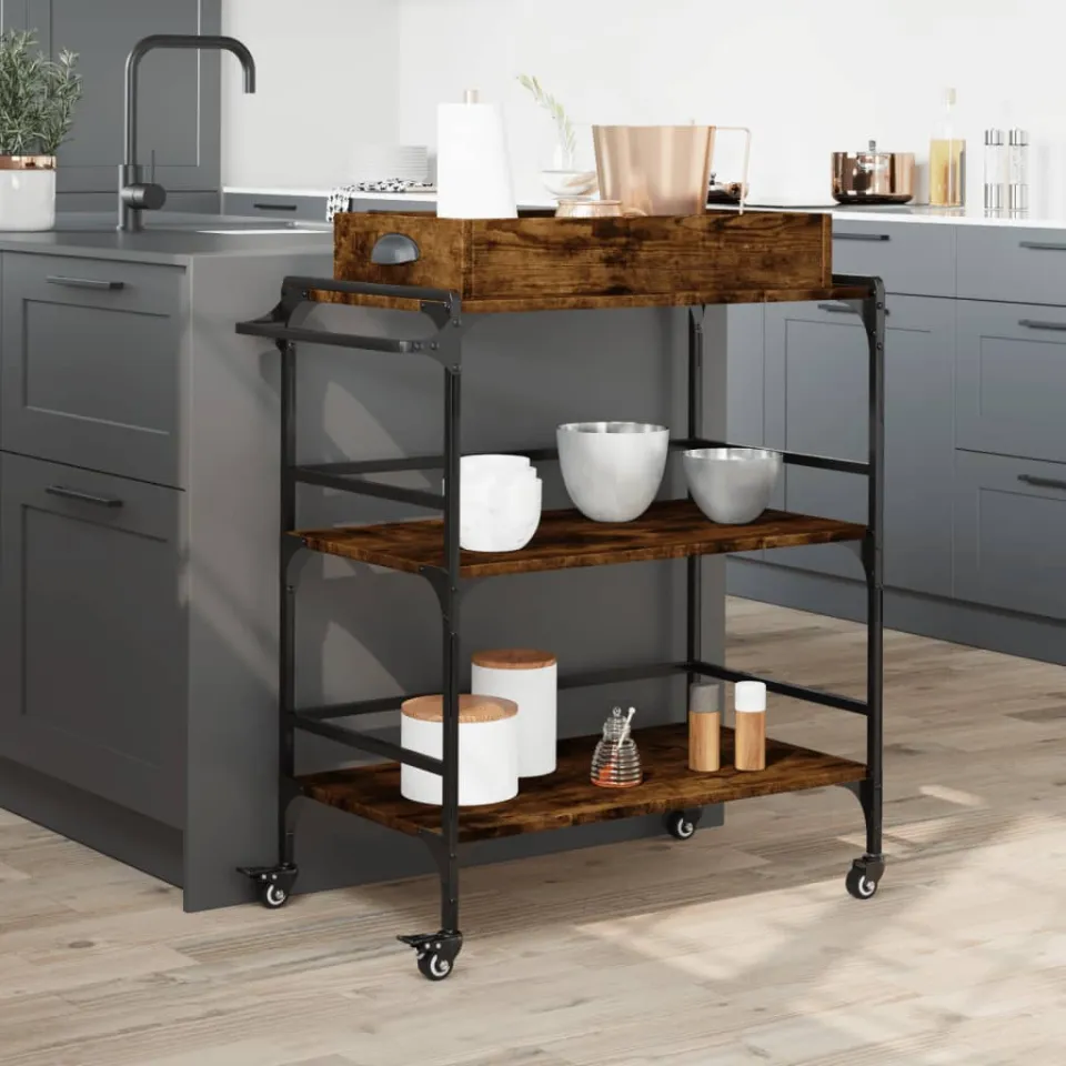 vidaXL Keukentrolley 81,5x41x92,5 cm bewerkt hout gerookt eikenkleurig, foto 3