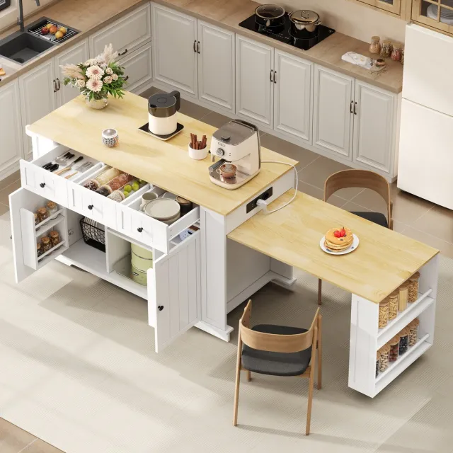 OKWISH Keukeneiland Tafel - Uitschuifbare Eettafel Met Stopcontact En Opbergruimte - 138 Tot 213 x 55 x 93 cm - MDF Wit Naturel