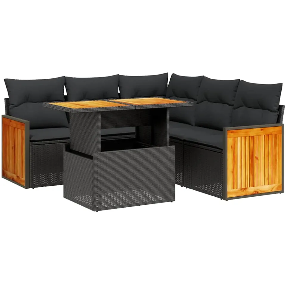 vidaXL 6-delige Loungeset met kussens poly rattan zwart, foto 3
